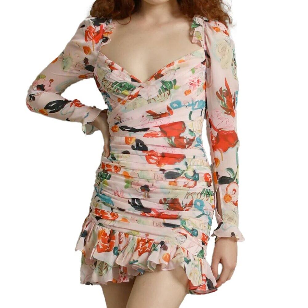 NWT Sau Lee Christy Floral Print Ruched Ruffle Mini Dress Pink Multi Size 2